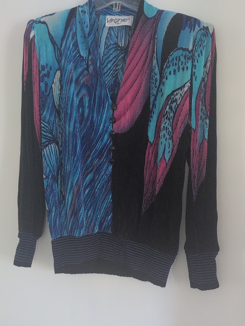 Black Knit Blouse with Blue and Pink Feather Print